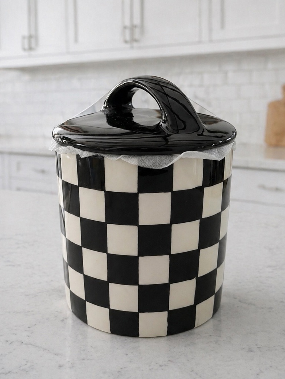 Black and White Checker Ceramic Canister with Lid